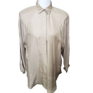 Angela Tong Blouse Women's Size 10 100% Silk Beige Vintage Shoulder Pads